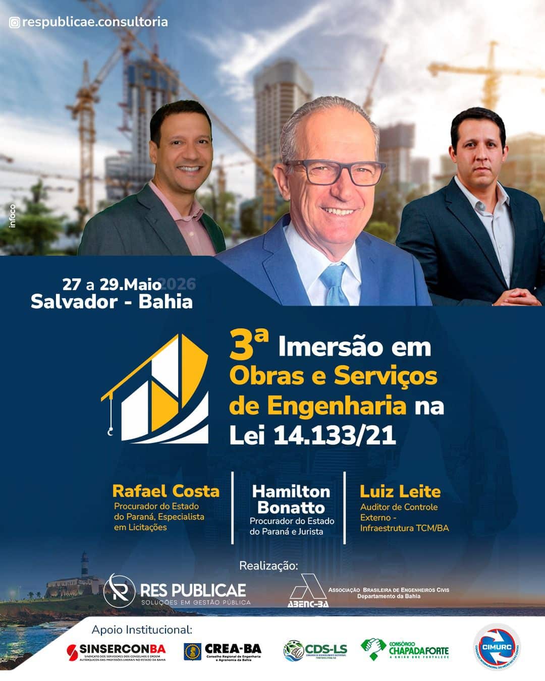 A ABENC-BA e a Res Publicae convidam os profissionais da engenharia para a 3ª Imersão em Obras e Serviços de Engenharia na Lei 14.133/21.